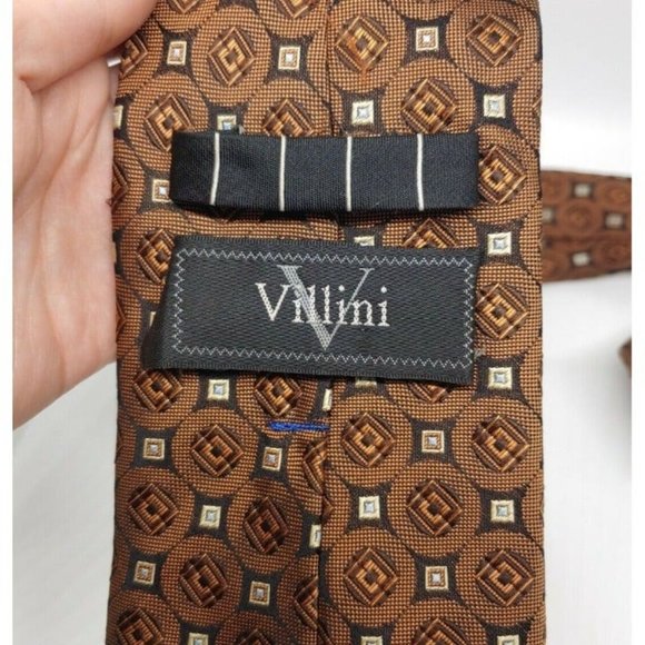 VILLINI Handmade Men's Silk Tie Brown Black Gold Geometric Square Neckwear - Picture 4 of 8